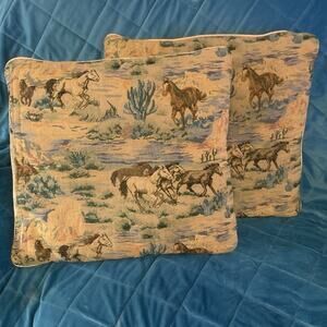 VTG Tapestry Horse Throw Pillows Set of 2 Western Southwest Double Sided 19x20